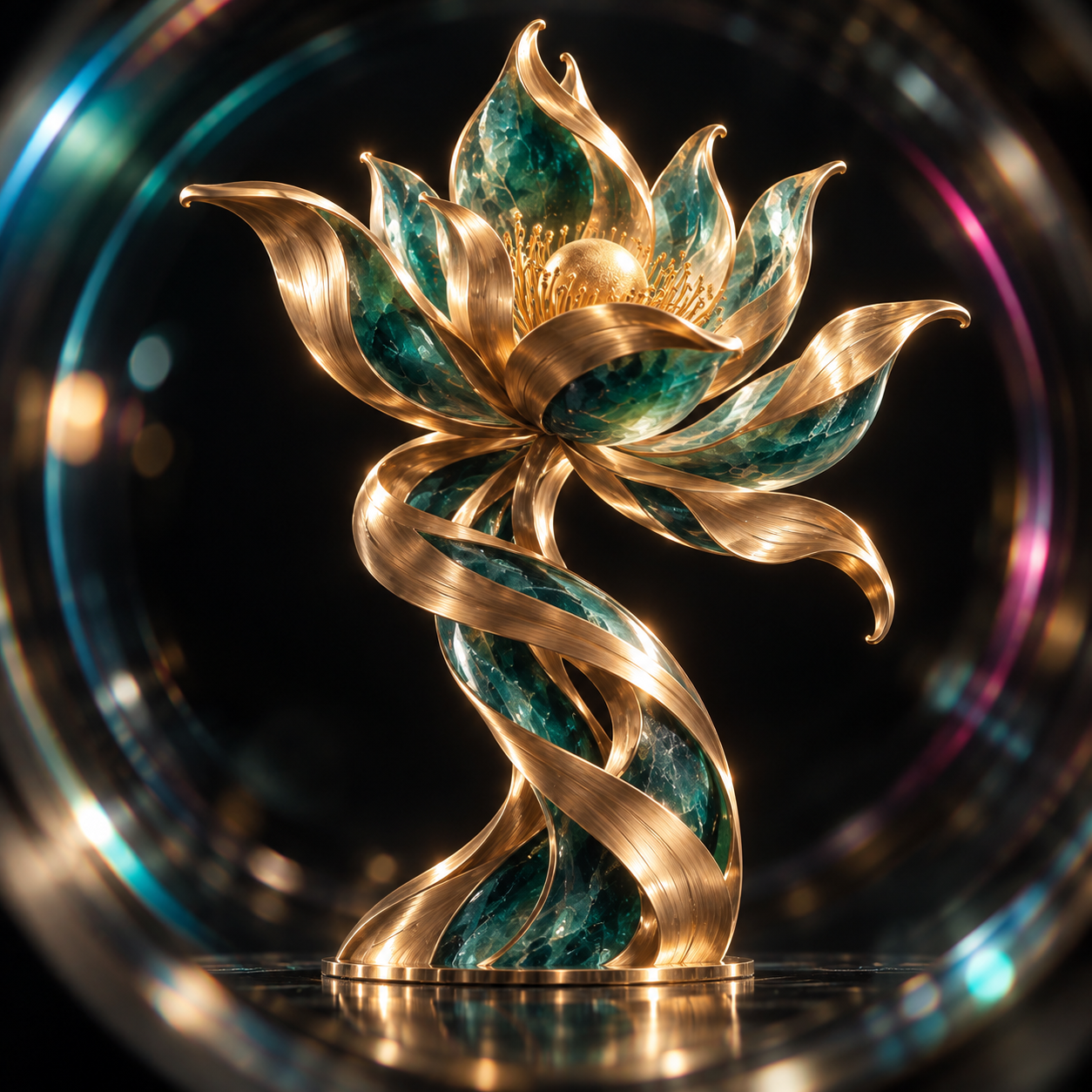 一瓣生万象：金色与深青玉质莲花向上旋升，浮现于镜片反光中。